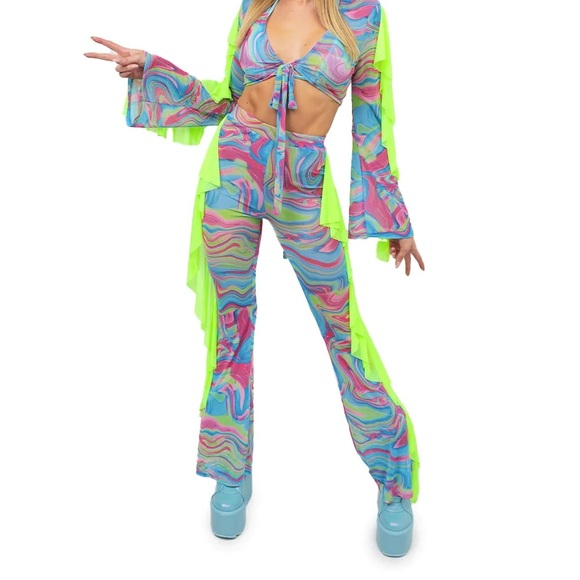 iHeartRaves Pants - Dream Date Ruffled Bell Bottoms - Blue/Neon Green/Pink / L